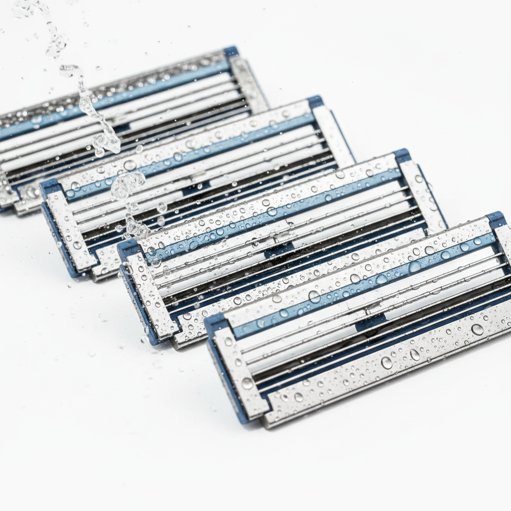 Premium steel razor blades glistening under focused water spray macro shot
