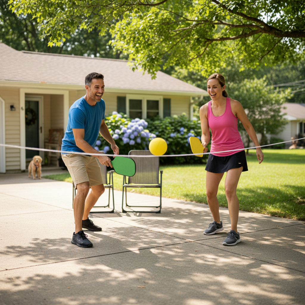 Two adults playing pickleball in sunny driveway with foam paddles and yellow ball — Supreme Silent Sports outdoor play — More4less Outlet