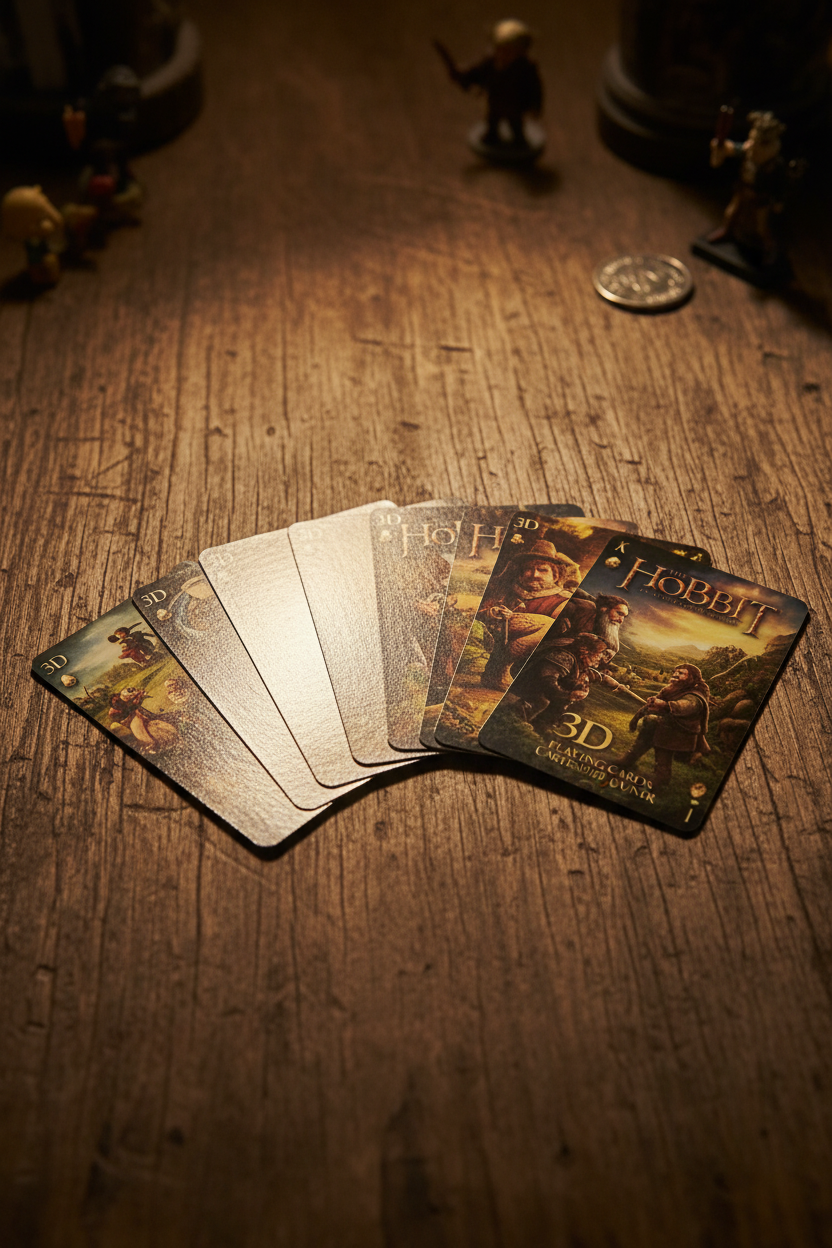 The Hobbit 3D lenticular playing cards fanned out on rustic wooden table showing depth effect with golden fantasy lighting — More4less Outlet