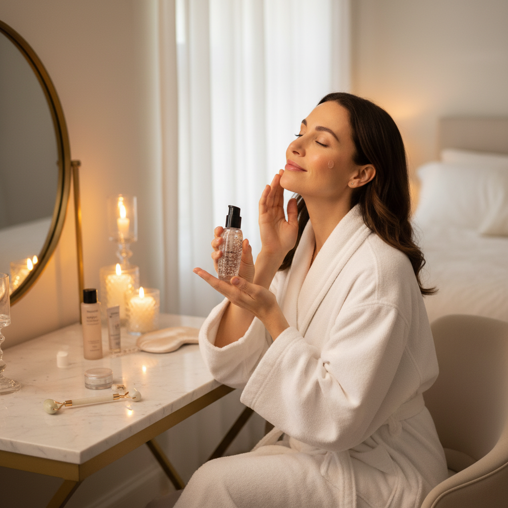 Woman applying Mary Kay TimeWise Night Solution at softly lit vanity before bed in white robe