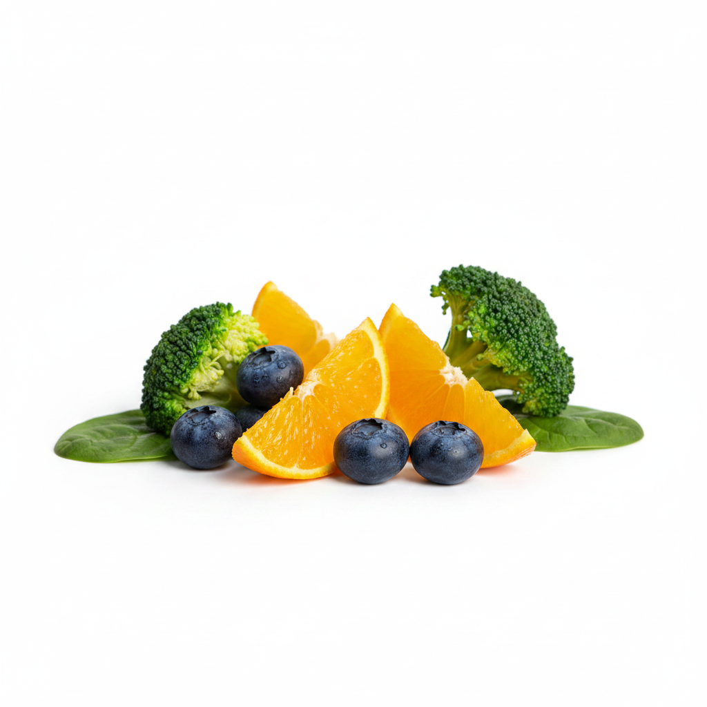 Macro close-up of whole food supplement ingredients including orange blueberry broccoli on white background – More4less Outlet