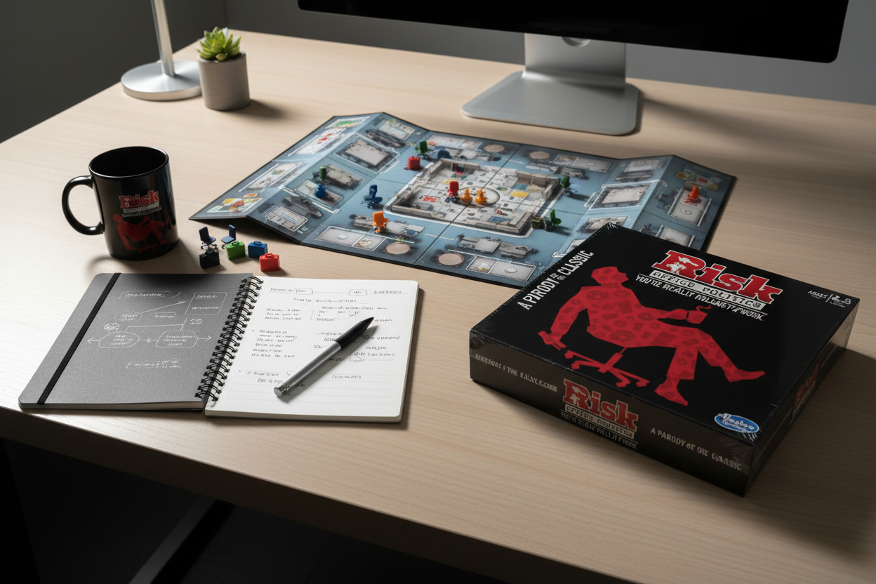 Risk Office Politics board game on modern office desk with coffee mug and notebook – More4less Outlet