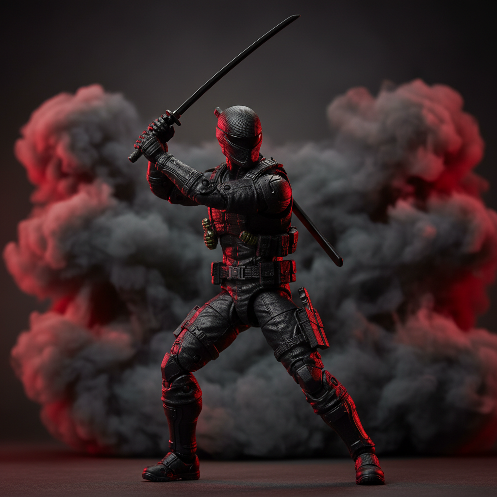 G.I. Joe Classified Series Snake Eyes action figure in dynamic katana strike pose with cinematic lighting — More4less Outlet