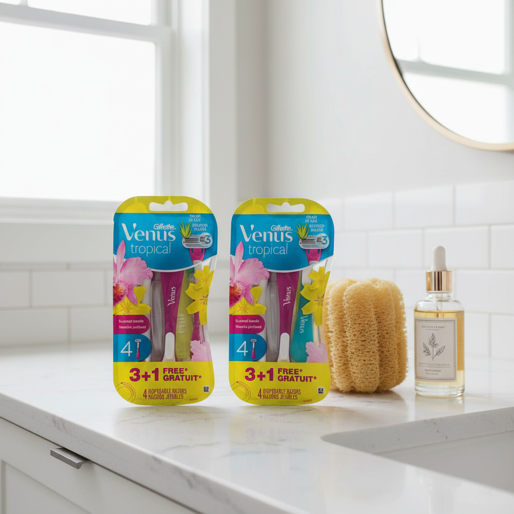 Gillette Venus Tropical 8ct Razor Bundle on quartz vanity countertop with organic loofah and skin elixir