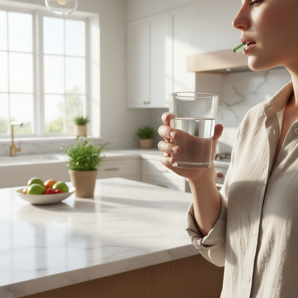 Person taking a vegetarian supplement capsule with morning water in a bright modern kitchen