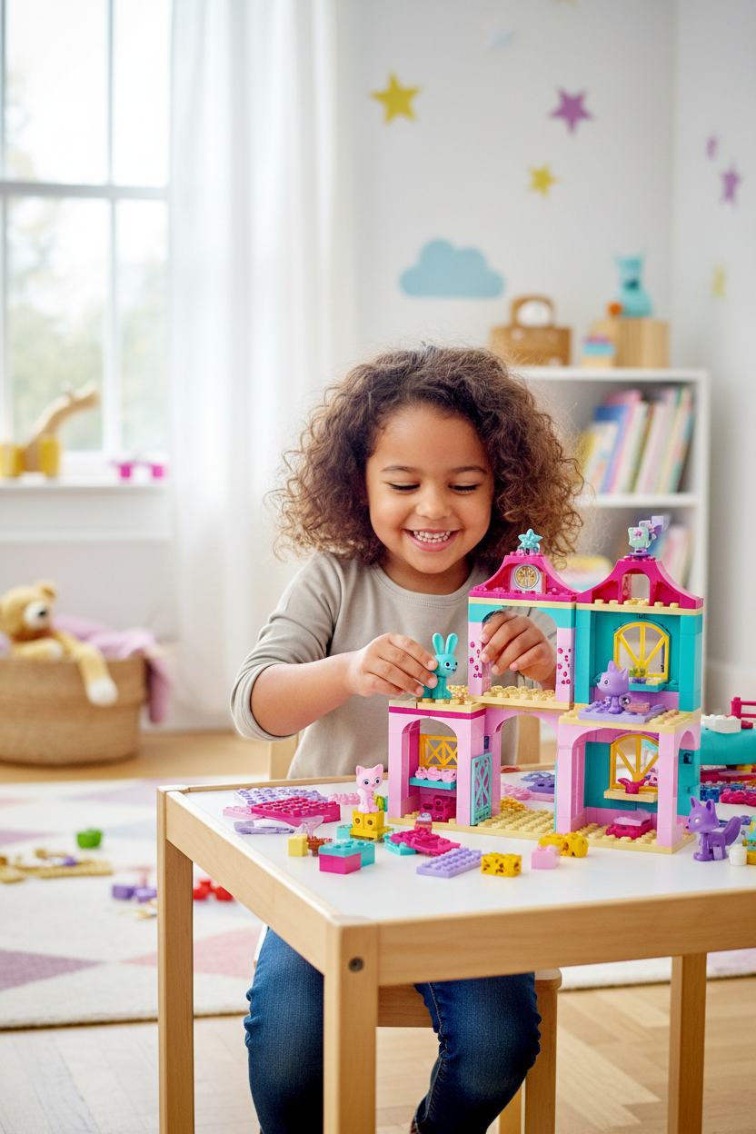 Young girl happily playing with a colorful pink and teal LEGO building set placing animal figures into a toy building
