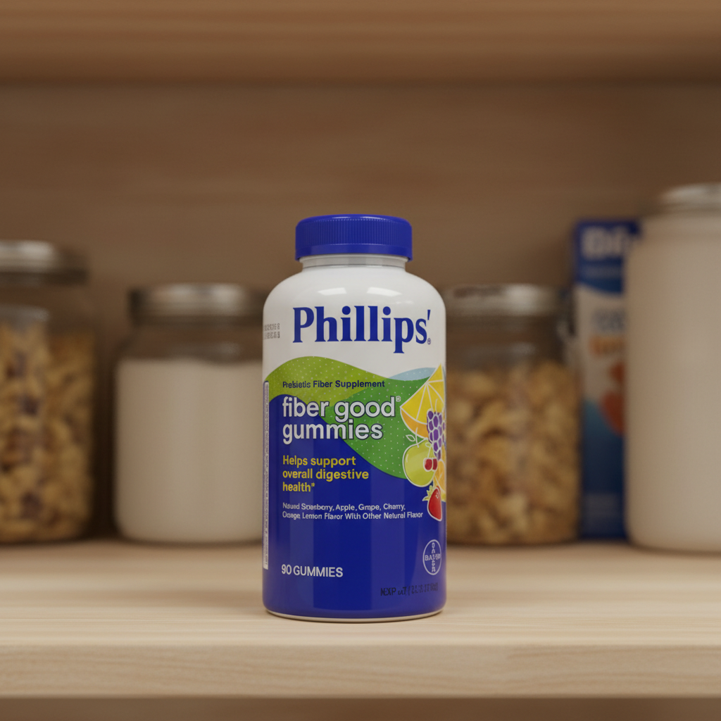 Phillips Fiber Good Gummies Prebiotic Fiber 90-count bottle on a pantry shelf