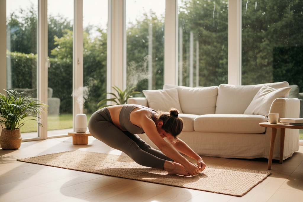 Woman doing morning yoga stretch in bright living room - active wellness lifestyle