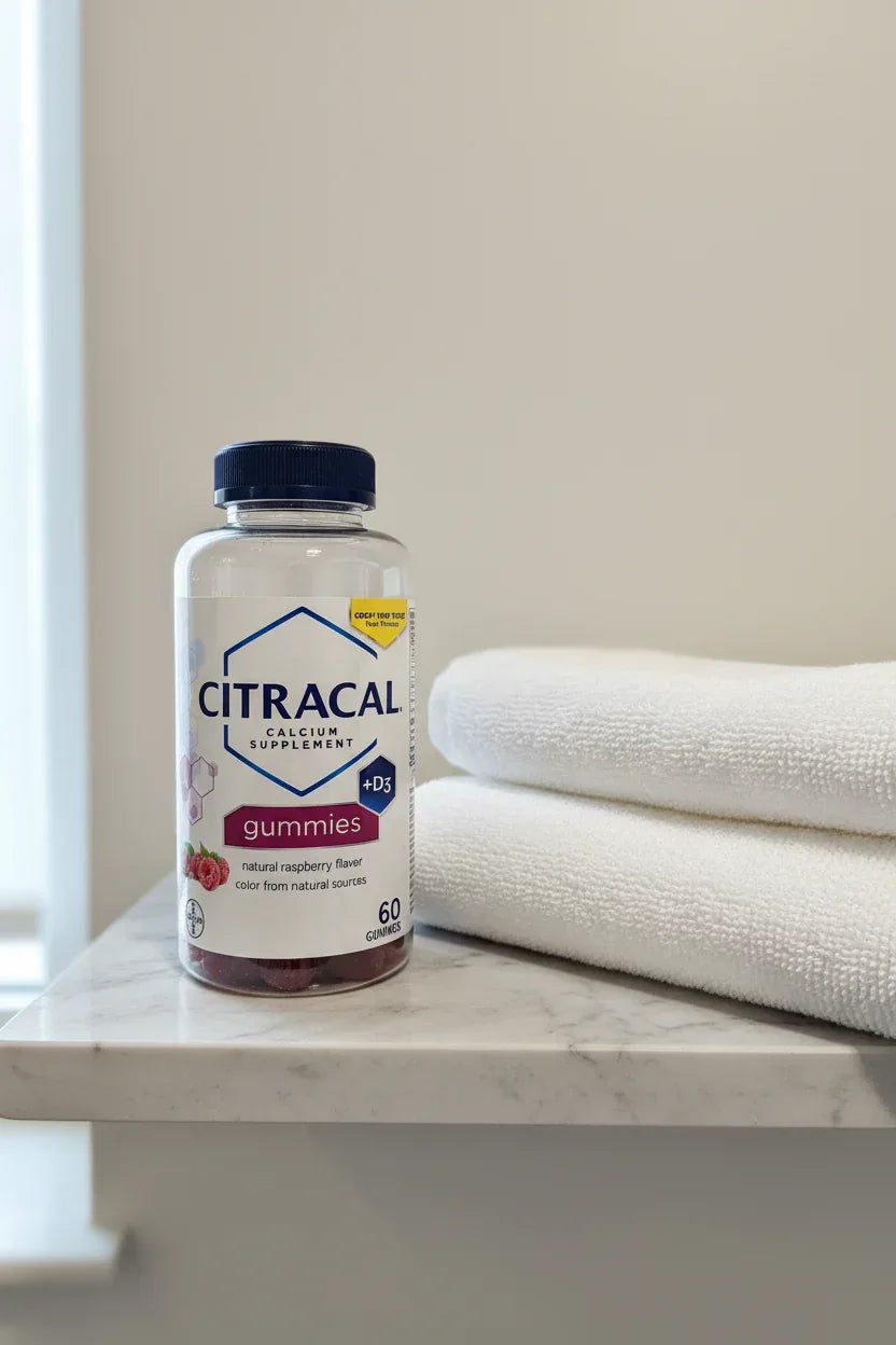 Citracal Calcium D3 Gummies bottle on neutral grey minimalist bathroom shelf