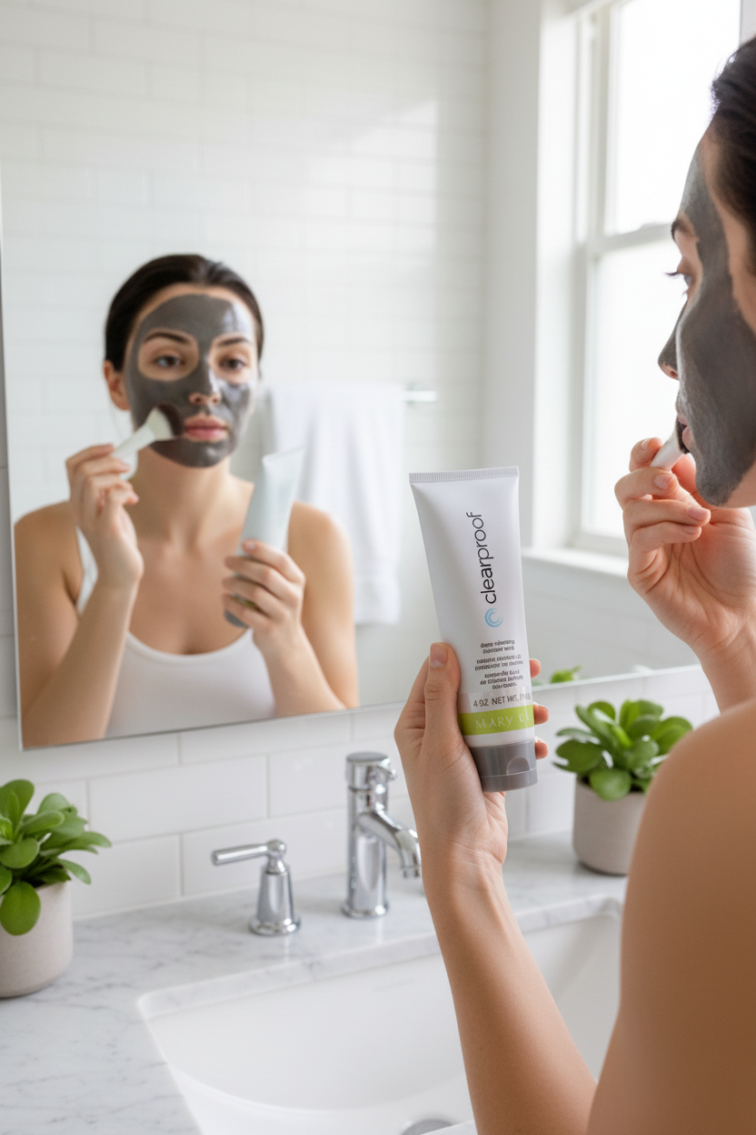 Person applying Mary Kay Clear Proof charcoal mask with brush in bright bathroom — non-comedogenic dermatologist-tested face mask for blemish-prone skin