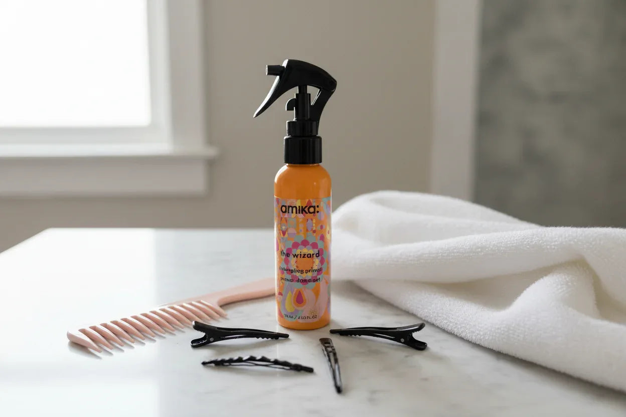 amika The Wizard detangling primer on marble bathroom counter with comb and towel lifestyle