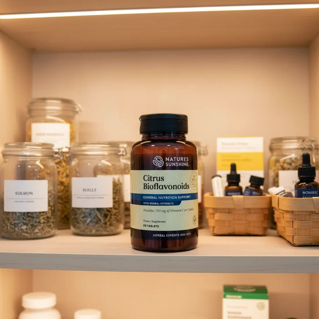 Nature's Sunshine Citrus Bioflavonoids bottle inside organized home wellness pantry with high-transparency supplement containers under soft recessed interior lighting