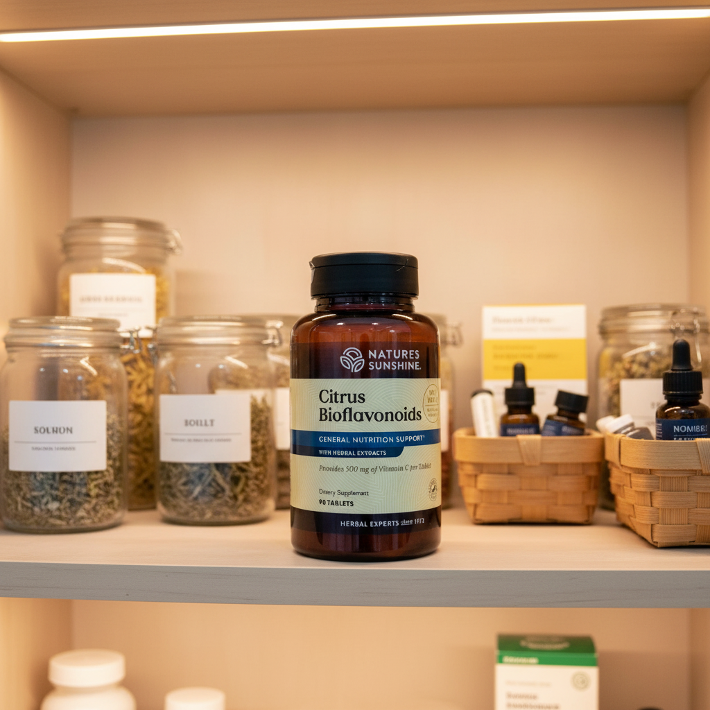 Nature's Sunshine Citrus Bioflavonoids bottle inside organized home wellness pantry with high-transparency supplement containers under soft recessed interior lighting