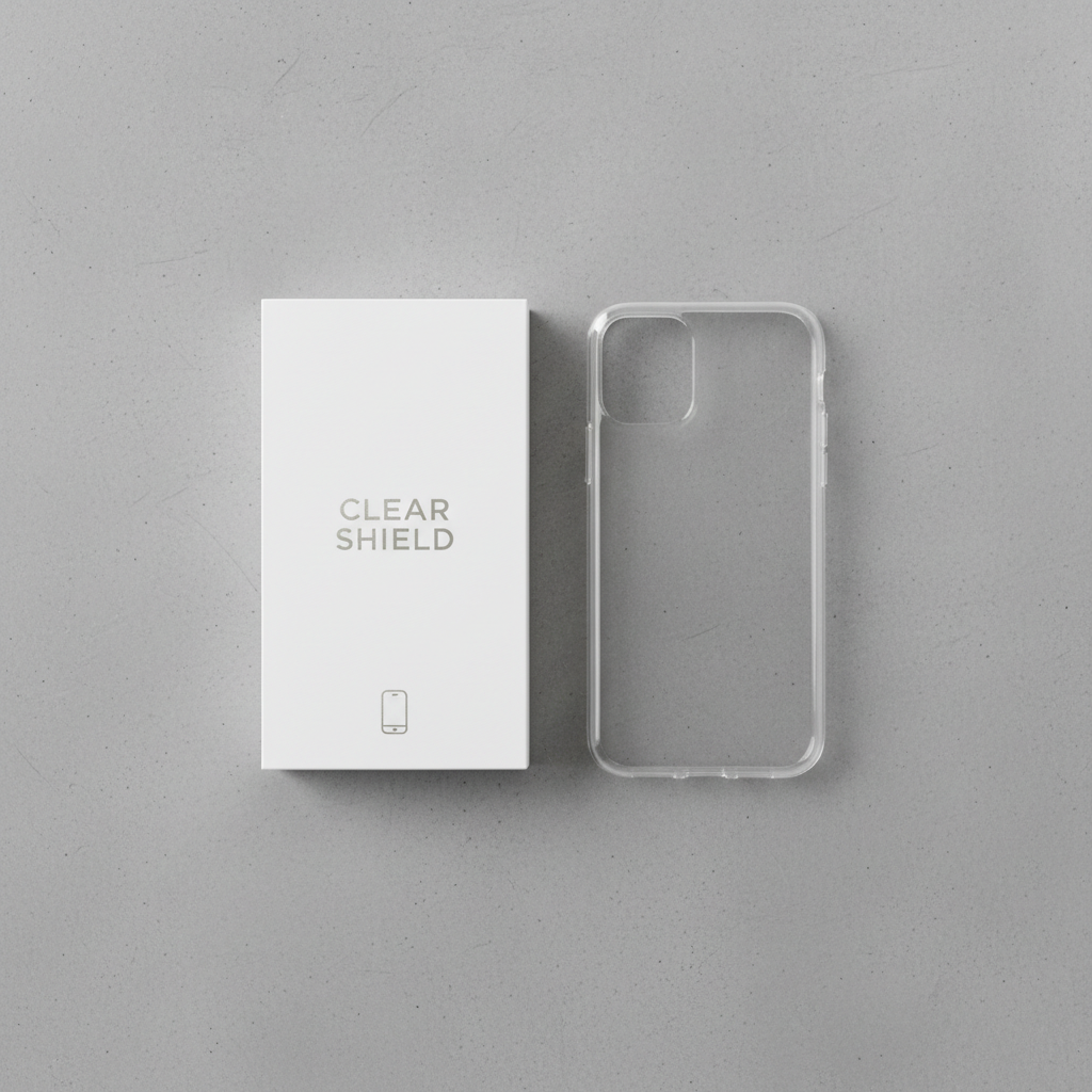 Flat-lay top-down view of transparent clear phone case beside retail box on gray concrete surface