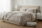 Eden Home Queen Garment Washed Sheet Set Odara styled on a Queen bed in a cozy neutral-tone bedroom setting