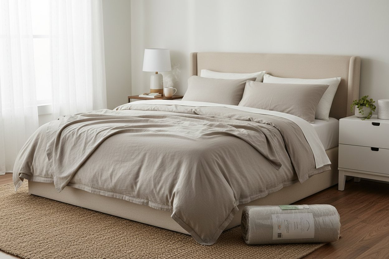 Eden Home Queen Garment Washed Sheet Set Odara styled on a Queen bed in a cozy neutral-tone bedroom setting