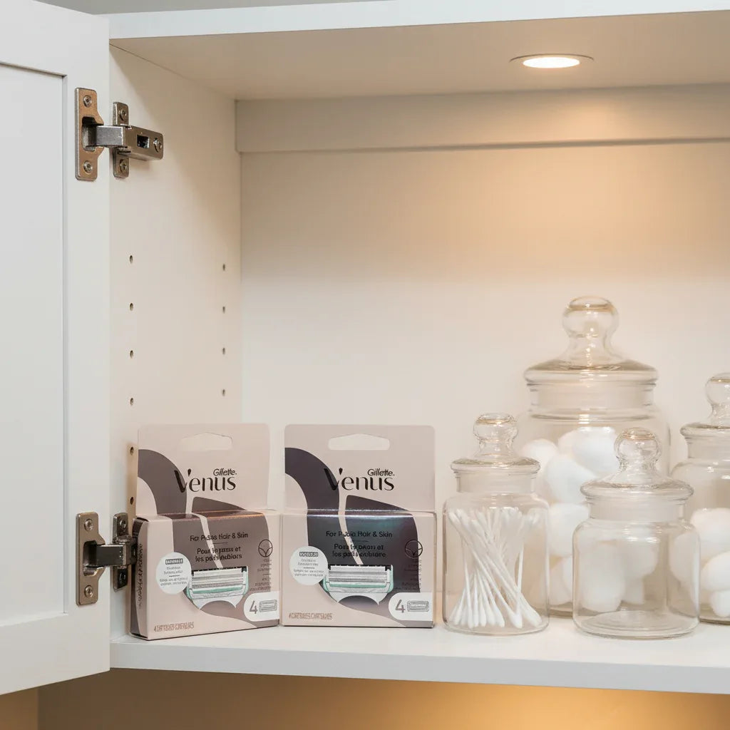 Gillette Venus Pubic Hair & Skin Refill Cartridges 4ct in white wood medicine cabinet with glass apothecary jars and warm lighting