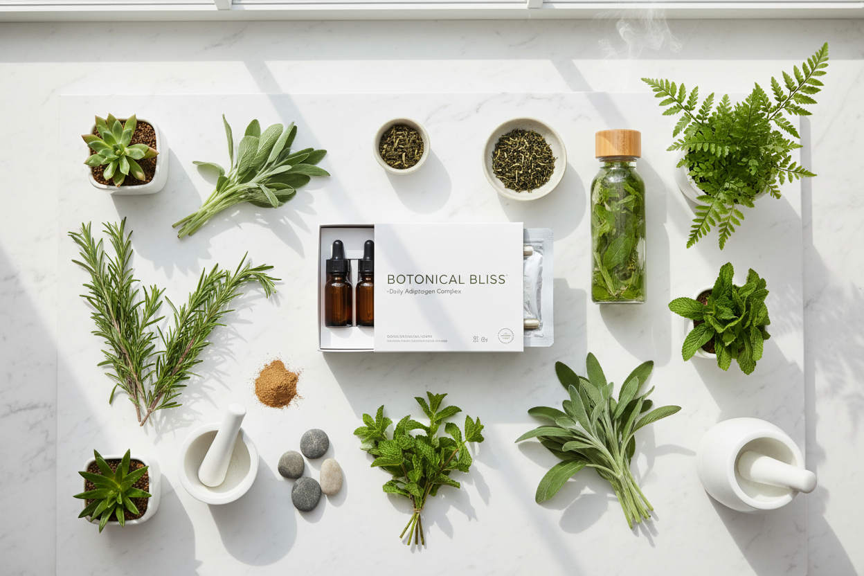 Salus Floradix supplement box in botanical wellness flat lay with fresh herbs and plants under natural light