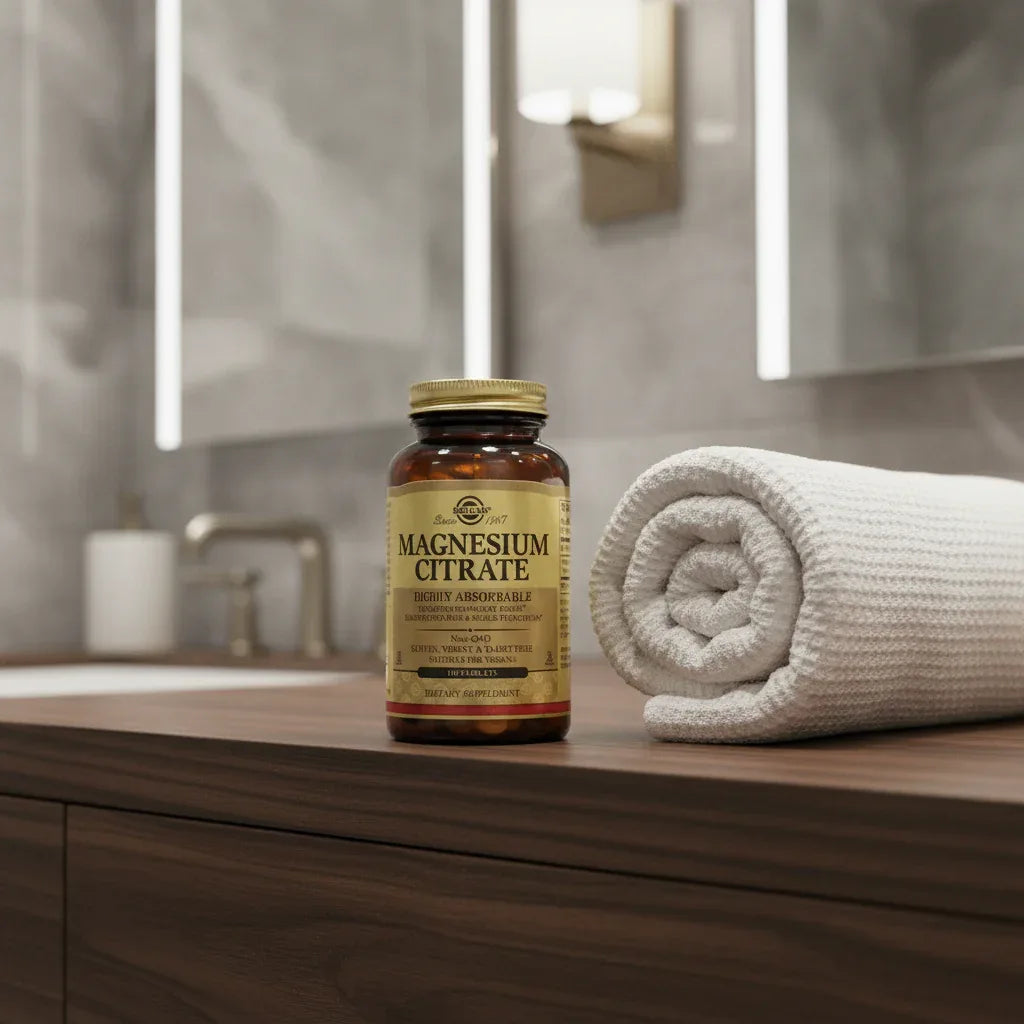 Solgar Magnesium Citrate bottle on dark-wood vanity shelf in upscale bathroom with waffle-knit towel