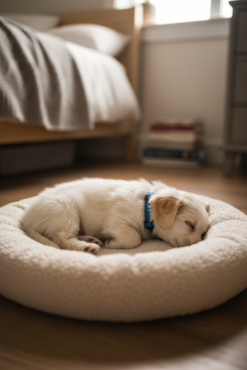 Small white puppy sleeping peacefully on dog bed wearing ADAPTIL Junior calming collar