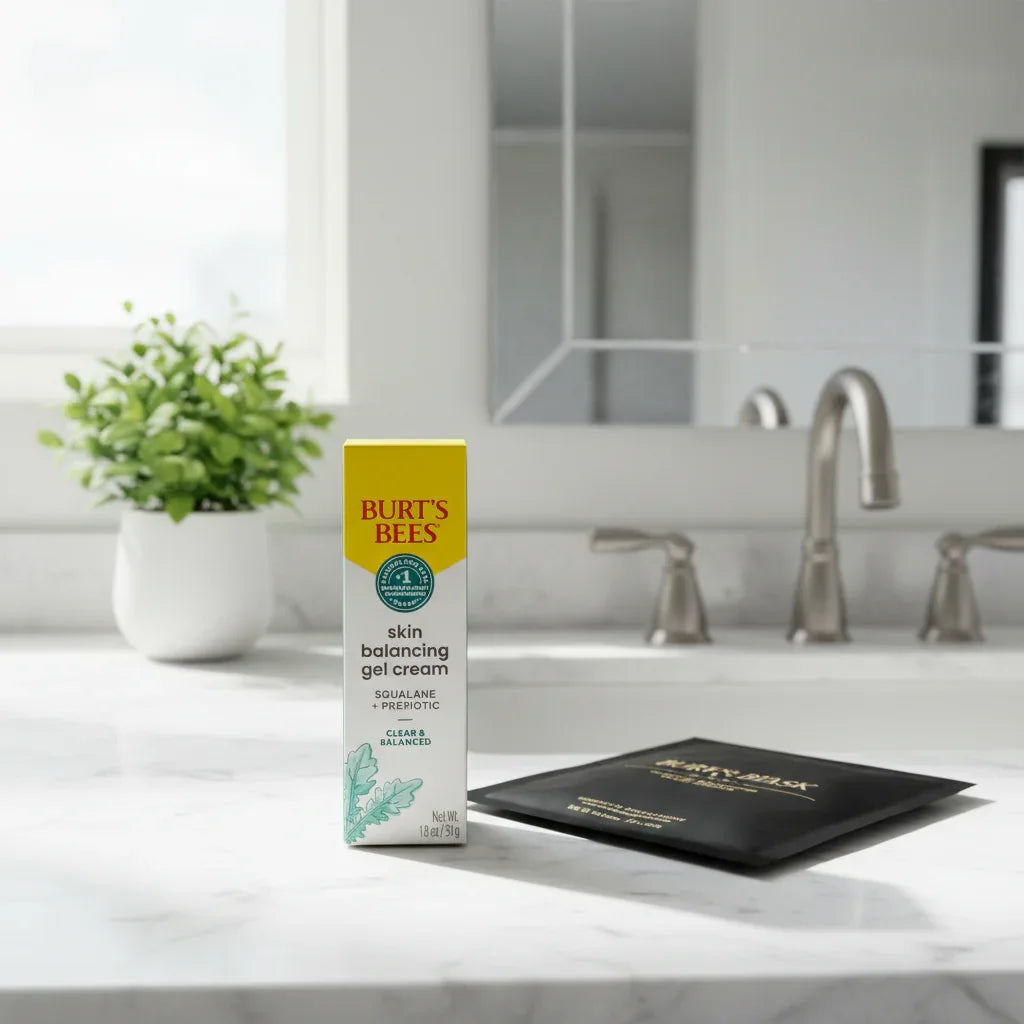 Burt's Bees Skin Balancing Gel Cream box alongside designer face mask and fresh houseplant on contemporary brightly-lit morning vanity