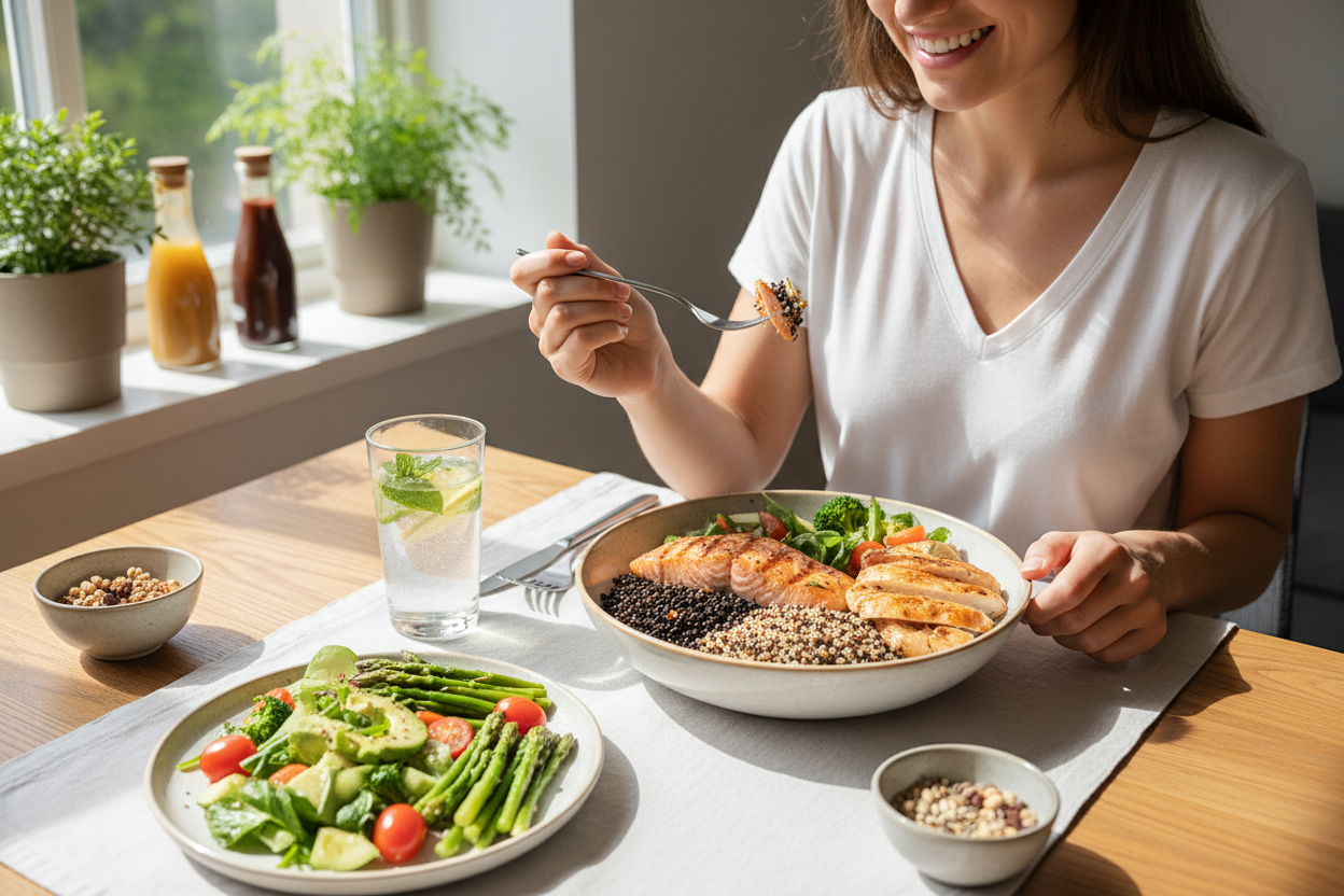 Person enjoying a healthy protein-rich meal at bright dining table with fresh vegetables