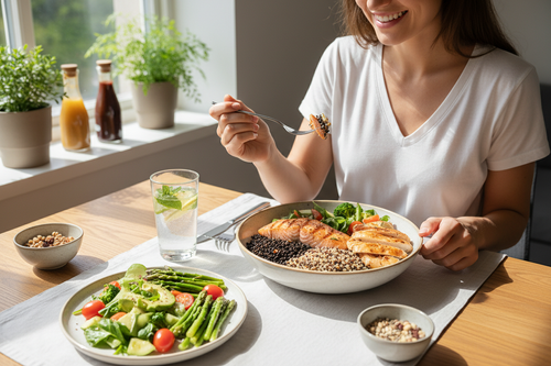 Person enjoying a healthy protein-rich meal at bright dining table with fresh vegetables