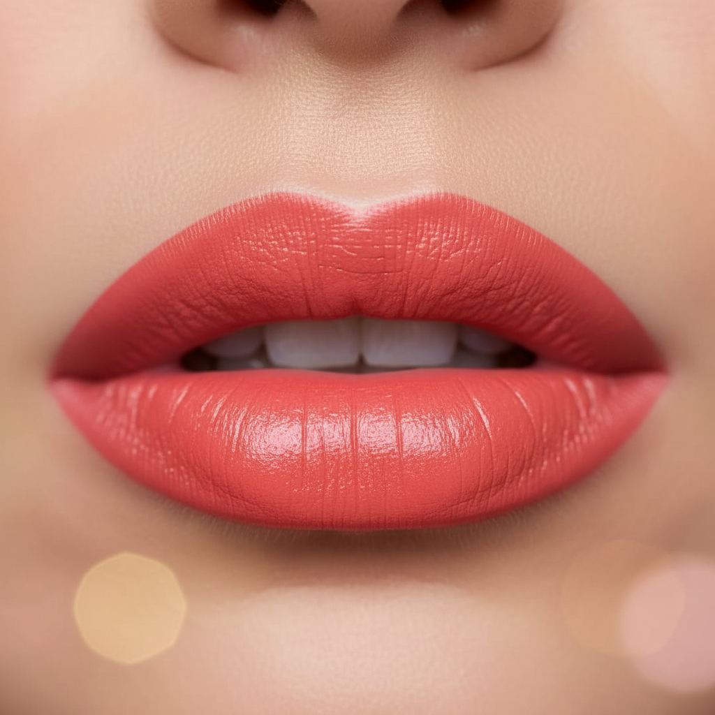 Close-up woman lips rich vibrant coral lip color smooth creamy finish soft focus premium lipstick beauty photography bold playful makeup - More4less Outlet