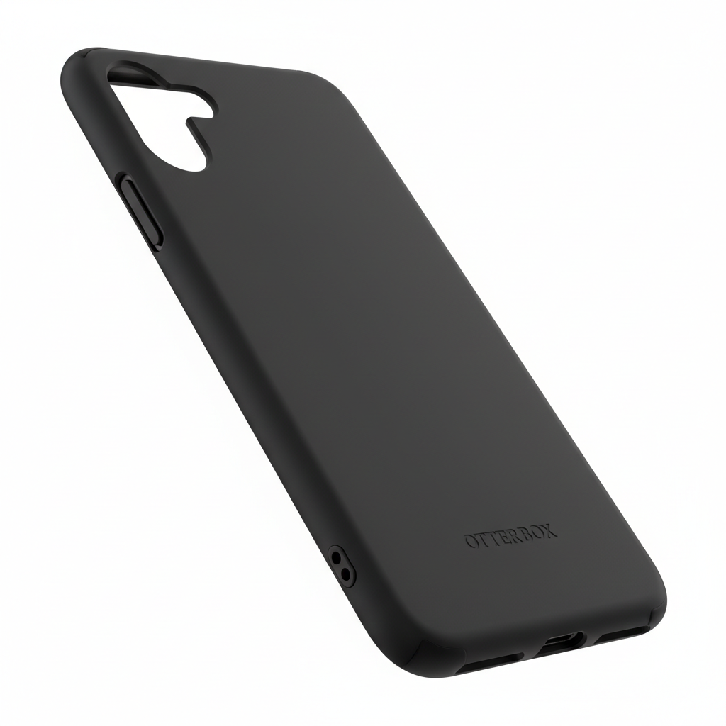 Angled view of OtterBox Symmetry Series black case showing ultra-slim new thin design profile and matte texture