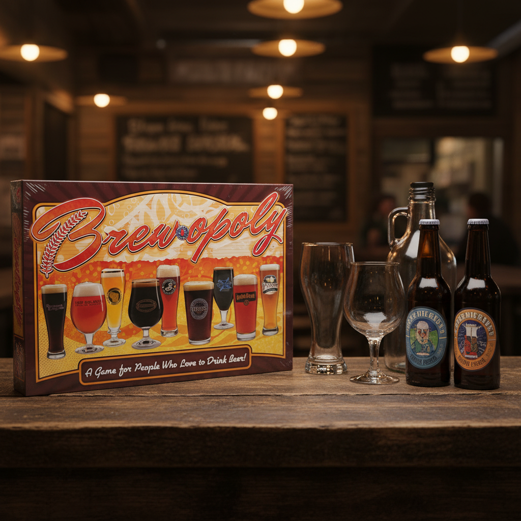 Brew-opoly Board Game on rustic bar counter with craft beer glasses - More4less Outlet