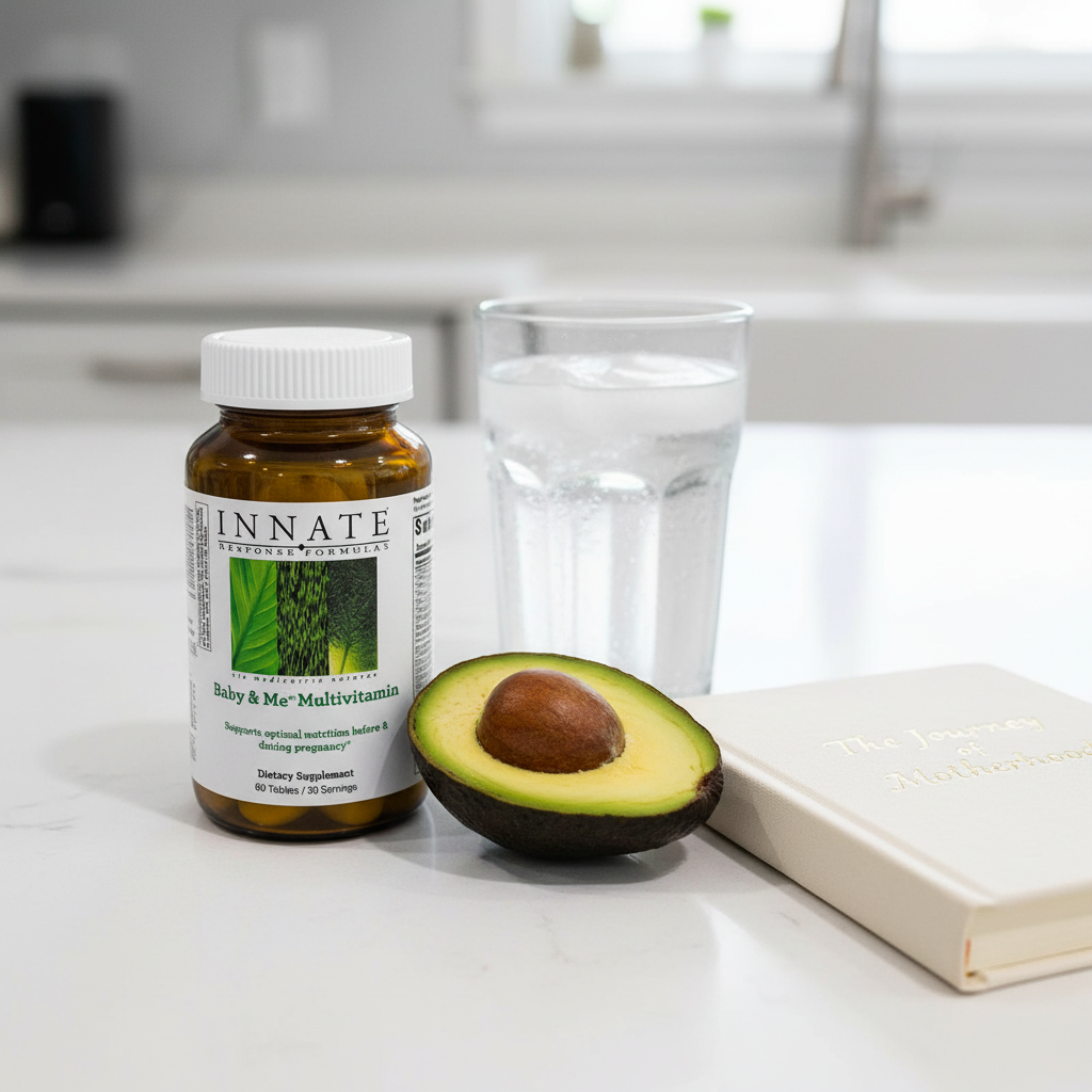 Innate Response Baby & Me Multivitamin on white quartz kitchen island with chilled water, avocado, and maternity journal