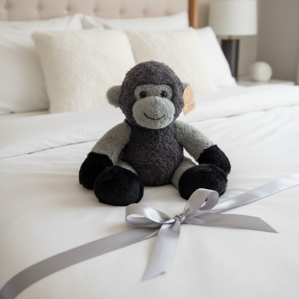 Animal Adventure Gray Gorilla Plush displayed as gift on white bedding with ribbon - More4less Outlet
