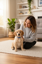 Golden retriever puppy wearing ADAPTIL Junior calming collar sitting calmly with owner in living room