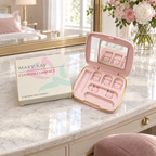 AI-generated lifestyle scene of an empty Mary Kay Custom Compact with its box on a home vanity