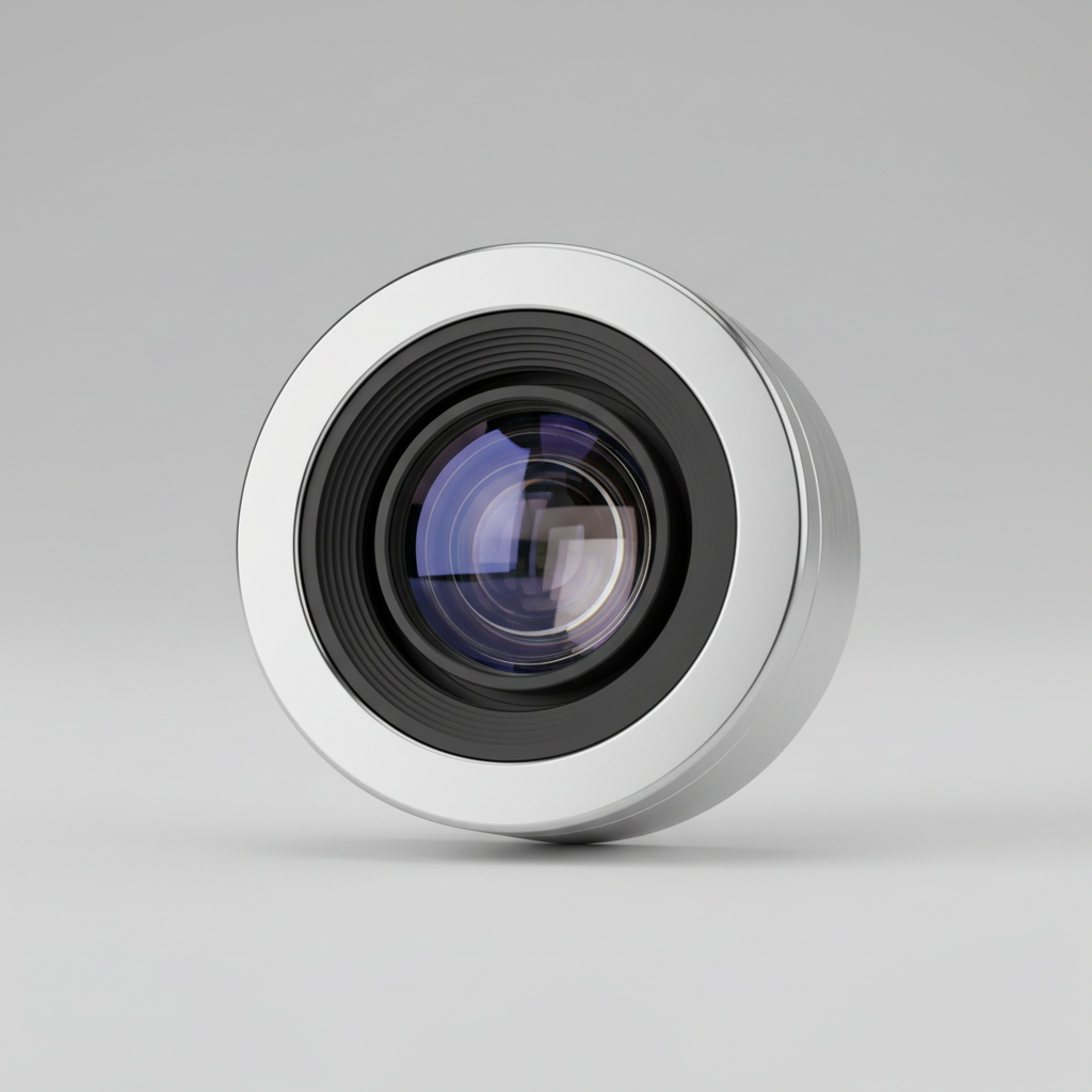 Close-up high-precision glass element webcam lens with silver bezel sharp product detail shot neutral background clean studio lighting