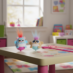 FurReal Friends Dizzy Dancers HillyHoot and ChipaLu figures with pink ripstick cords on a child's colorful play table – More4less Outlet