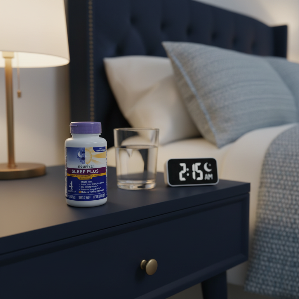 Neuriva Sleep Plus bottle on nightstand with glass of water and nighttime alarm clock – More4less Outlet