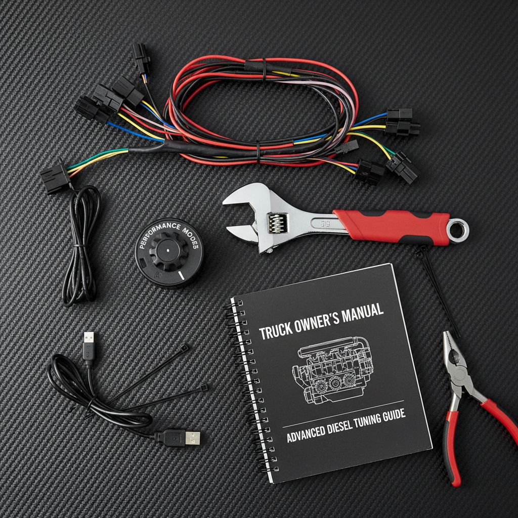 Lifestyle — black performance rotary switch on carbon fiber surface beside wrench, wiring harness, and truck owner's manual — diesel tuning gear flatlay editorial for visual context only