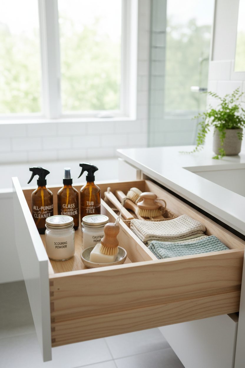 Sustainable bathroom cleaning kit organized in wooden utility drawer