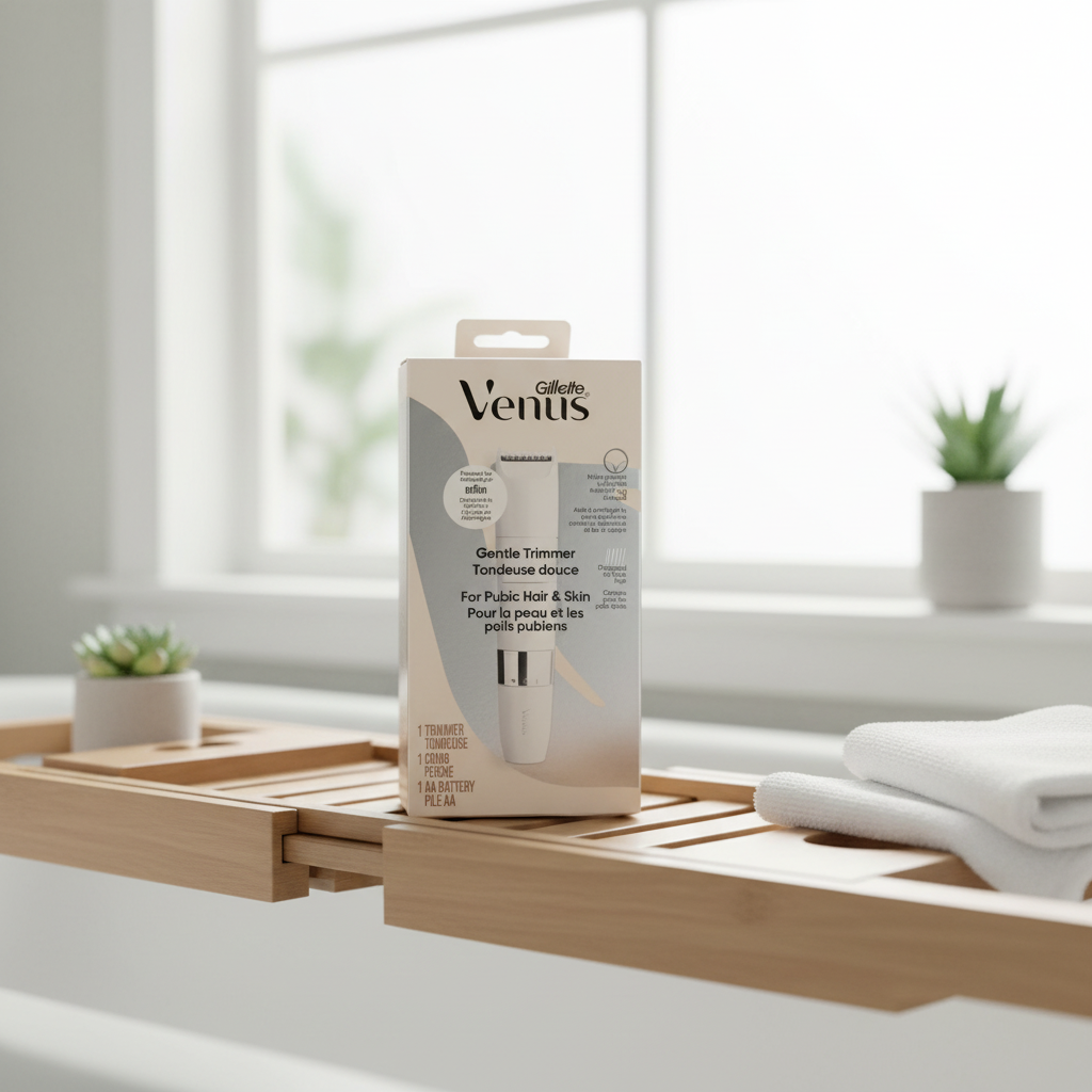 Gillette Venus Gentle Trimmer on wood-slat bathroom tub caddy with bright airy backdrop