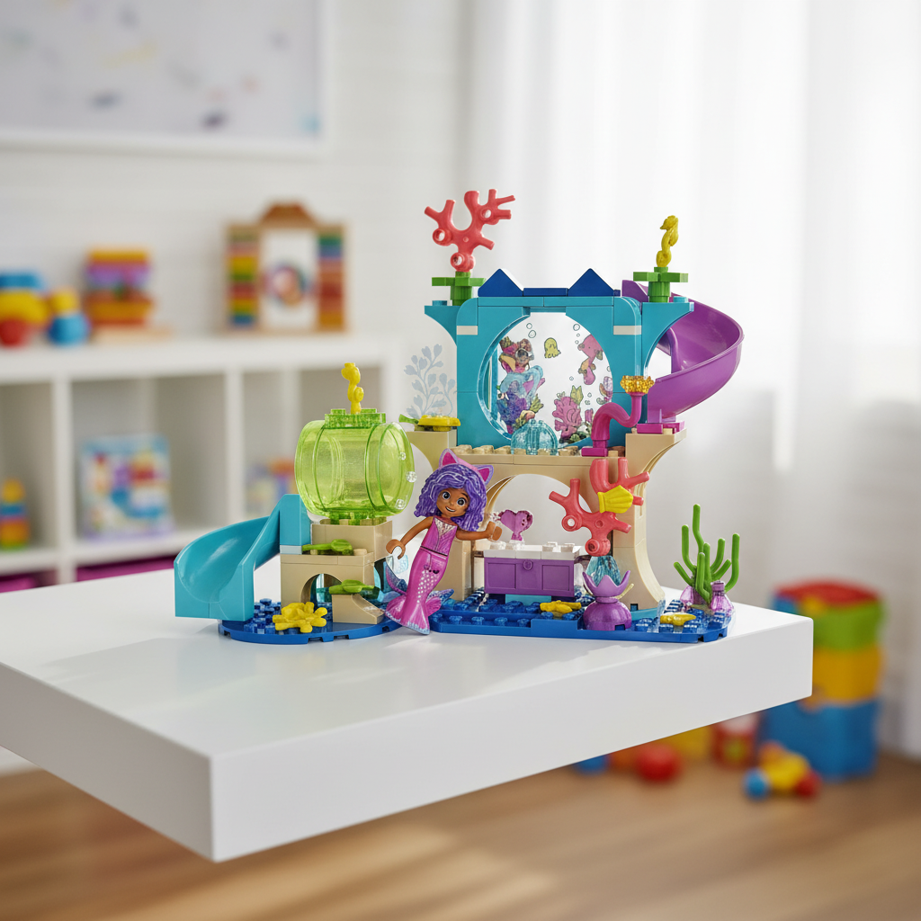 LEGO Gabby's Dollhouse Mermaid Gabby's Aquarium Adventure set 11204 — colorful built aquarium model with slide, giant bubble chamber, moving coral, and sea life accessories on a bright white children's playroom shelf