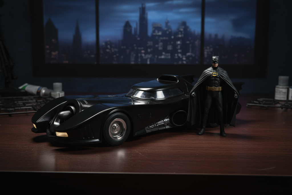 AMT 1/25 scale 1989 Batman Batmobile model kit fully assembled on dark wood hobby desk with resin Batman figure standing beside it and dramatic Gotham moody lighting
