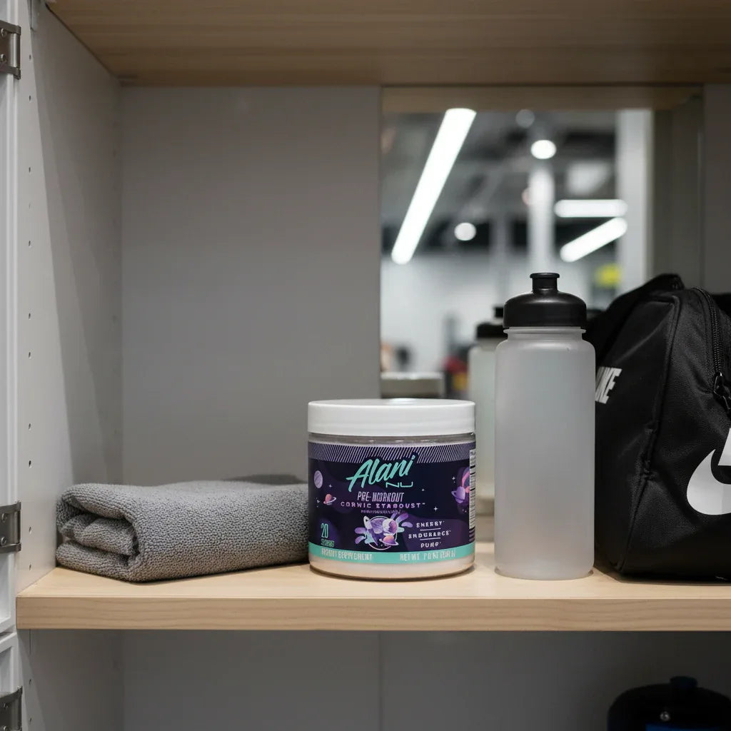 Alani Nu Pre-Workout Cosmic Stardust tub in gym locker with towel, water bottle, and gym bag.
