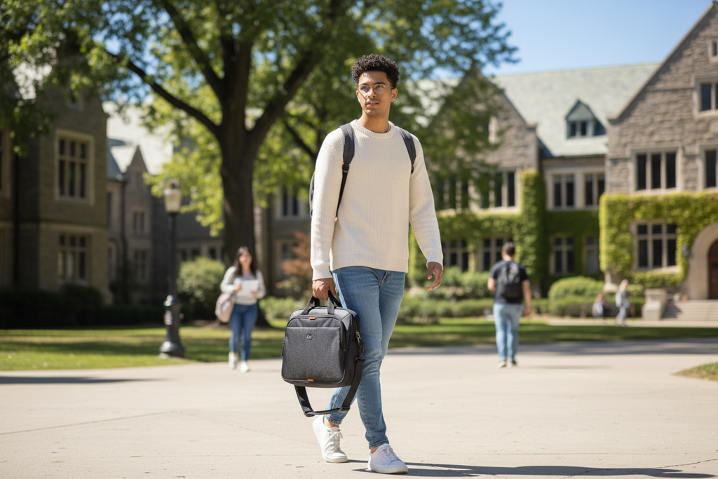 Solo New York Ace Slim Brief carried by college student on campus — slim Chromebook and laptop bag — More4less Outlet