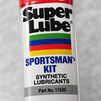 Macro close-up of the Super Lube Sportsman's Kit label and Part No. 11520. At least one real product photo taken by Chad is included in the gallery. Remaining images are AI-generated lifestyle photos for visual context only. Minor label or packaging variation may occur between matching stocked units.