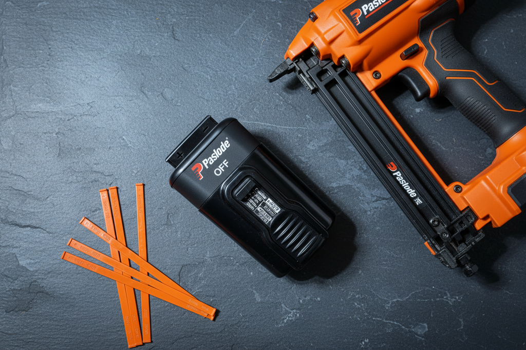 Paslode 7.2V Li-ion battery flatlay on dark slate showing front and back with specs label and nailer - More4less Outlet