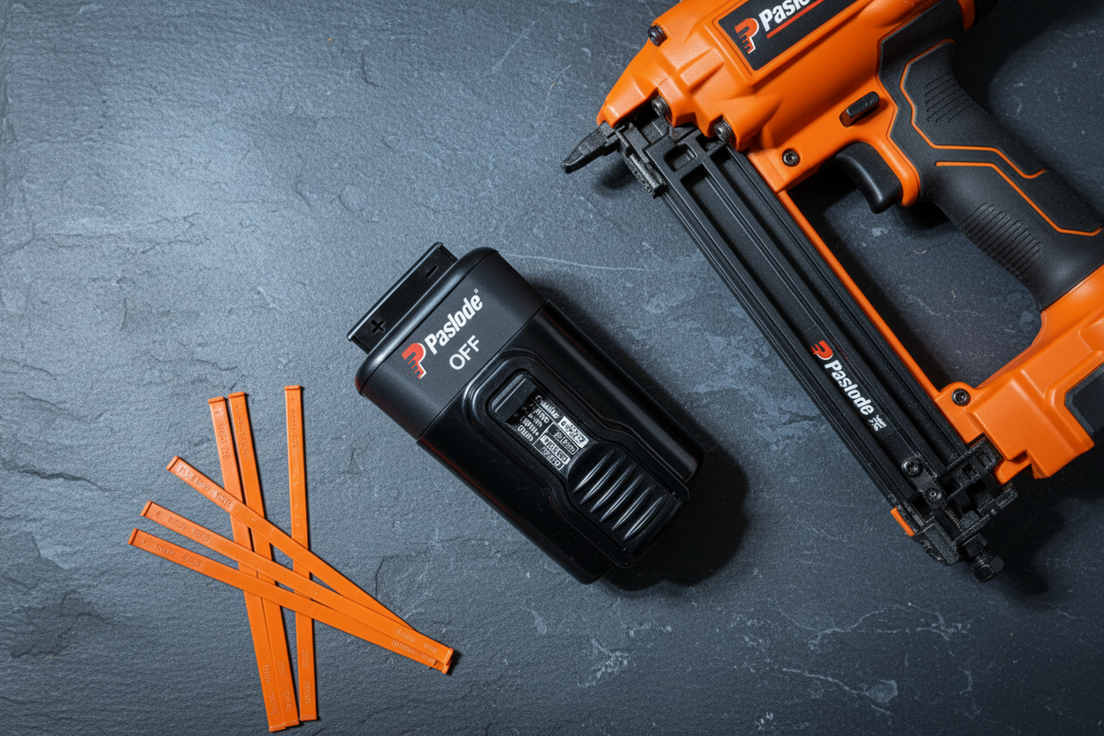 Paslode 7.2V Li-ion battery flatlay on dark slate showing front and back with specs label and nailer - More4less Outlet