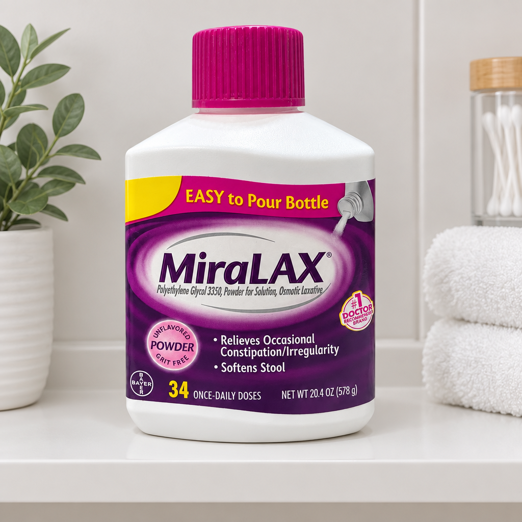 AI-generated view of MiraLAX 20.4 oz bottle on a bathroom shelf