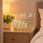 Mary Kay Satin Hands and Satin Lips tubes on a bedside nightstand