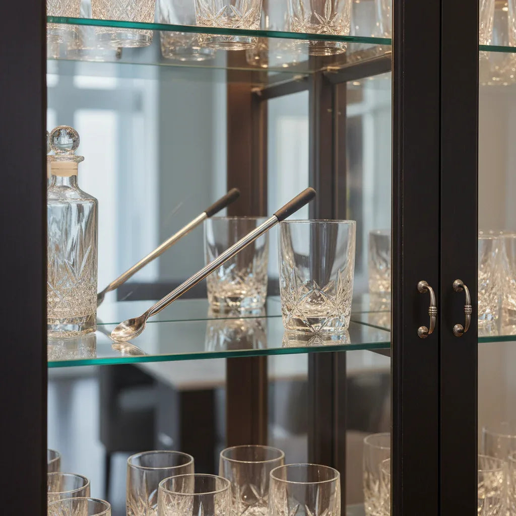 Undici swizzle stick chiller in organized glass barware cabinet next to elegant crystal tumblers